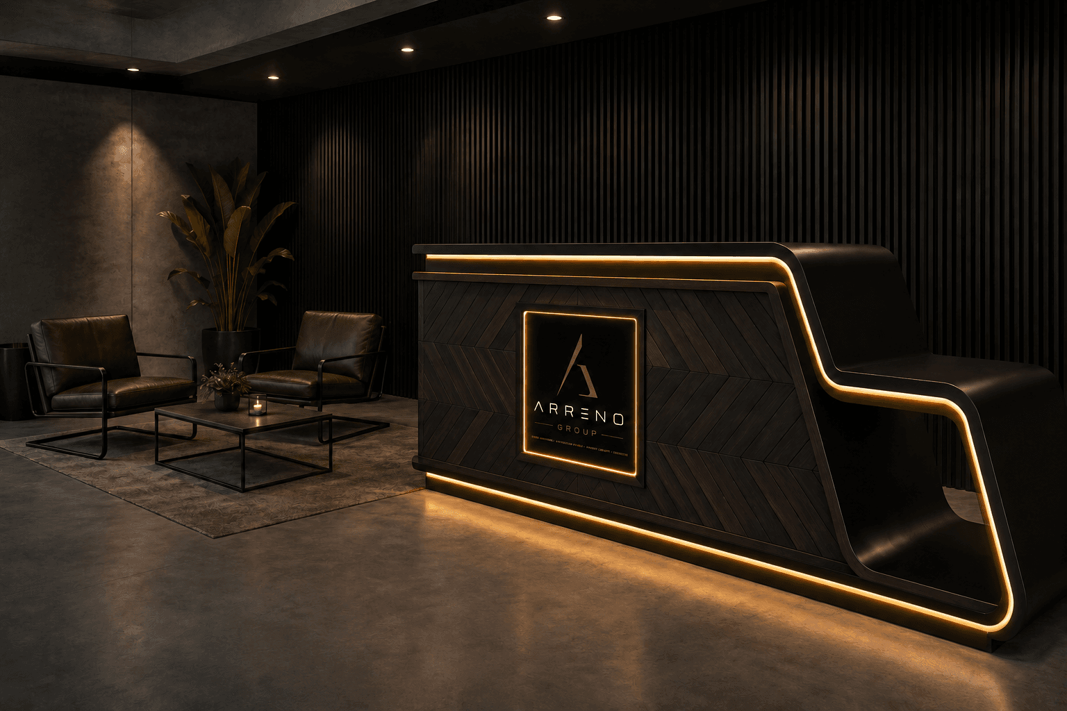 Massgefertigter Wohnraum von Arreno Studio — anthrazitfarbene Wände, LED-Deckenrahmen, Ledersofa und Eames-Stuhl