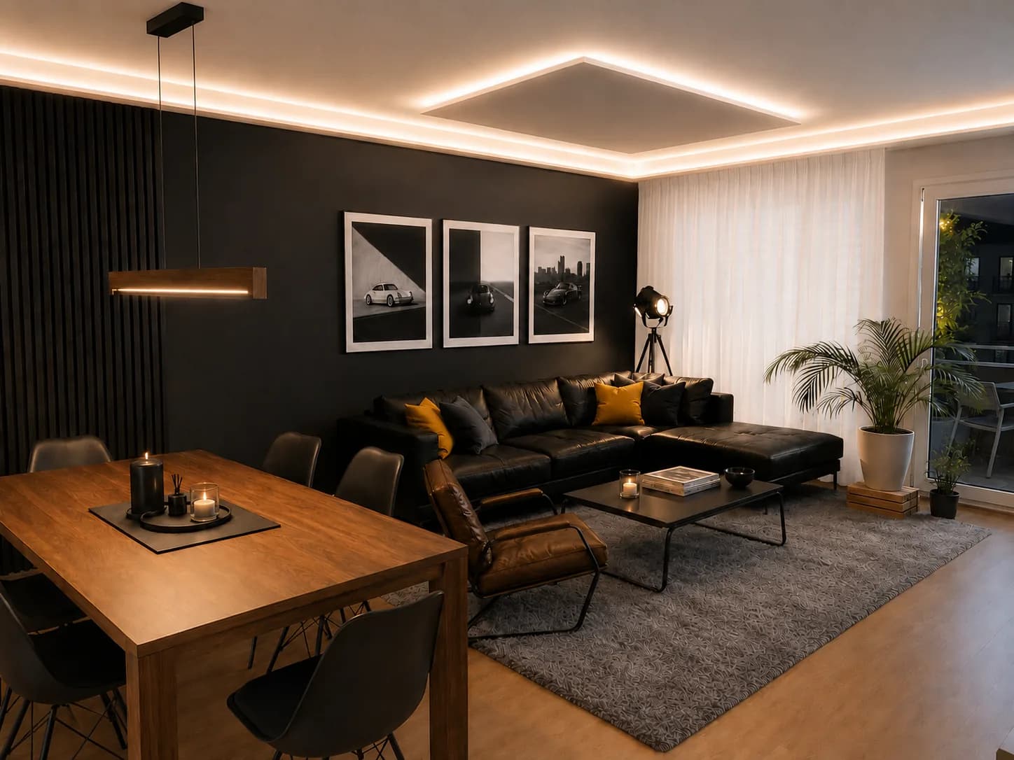 Wohn- und Essbereich nach dem Umbau: schwarze Lamellenwand, mattschwarze Wand mit drei gerahmten Schwarz-Weiss-Autoaufnahmen, schwarzes Ledersofa mit senffarbenen Kissen, Nussbaumtisch und umlaufende LED-Lichtvoute.