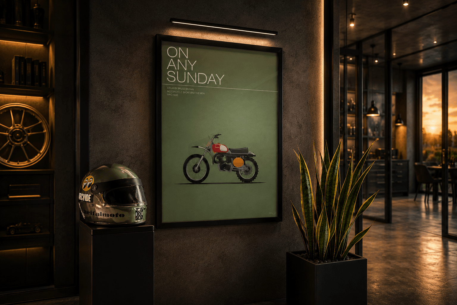 Dunkler Custom-Raum mit grossformatigem, gerahmtem „ON ANY SUNDAY“-Motorrad-Poster an der Wand, Motorradhelm auf einem Sockel und einer hohen Pflanze