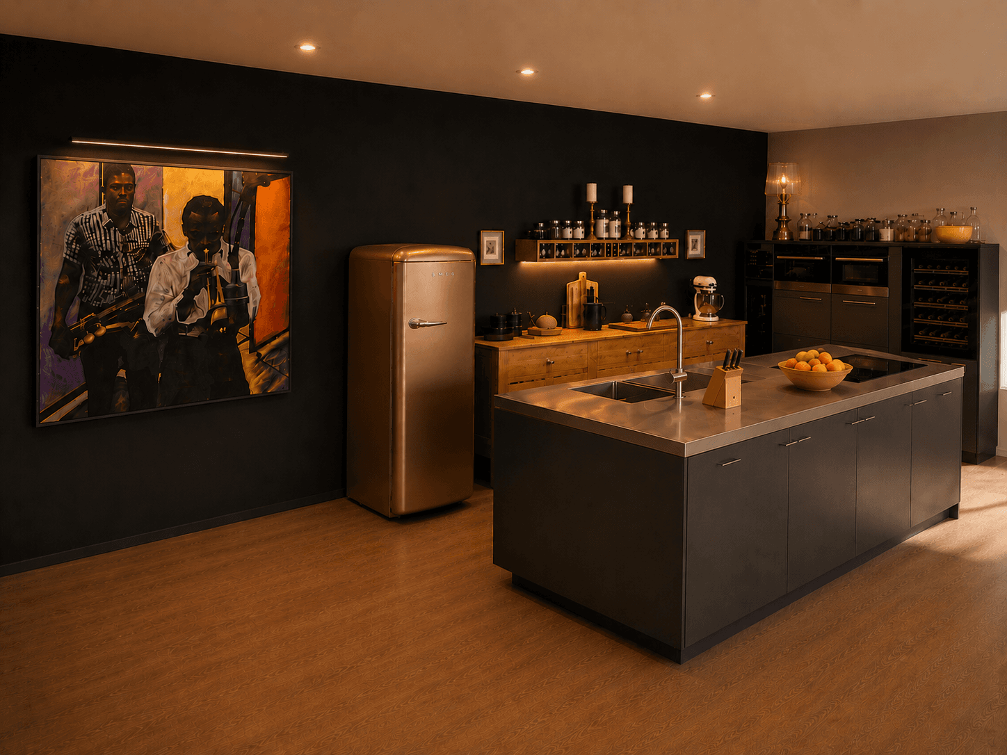 Offene Loft-Küche mit schwarzer Wand, goldenem Retro-Kühlschrank und Kochinsel mit Edelstahlabdeckung nach dem Ausbau.