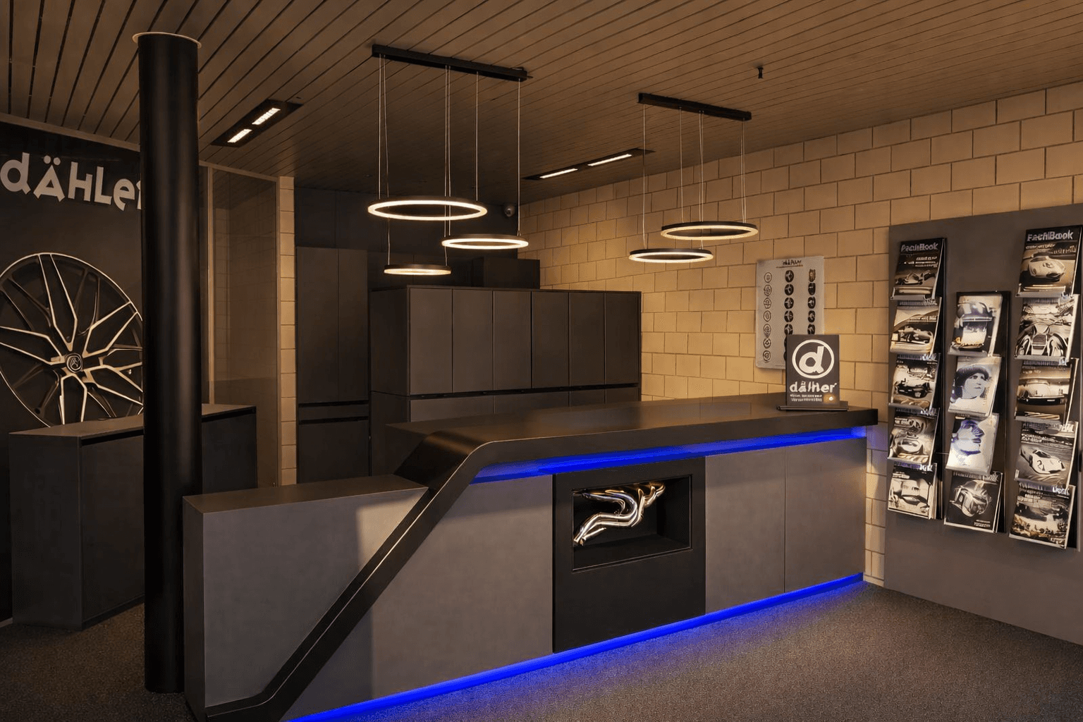 Dähler-Counter mit blauer LED-Bodenbeleuchtung und Tuning-Magazin-Wand