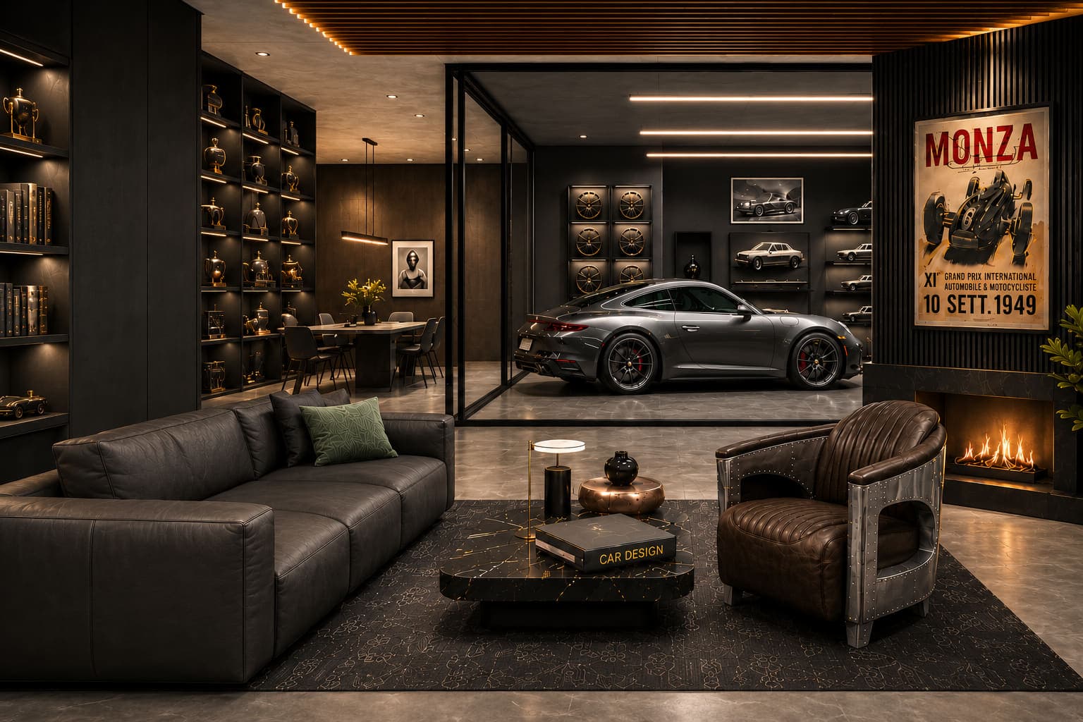 Garagenlounge von Arreno Studio — Ledersofa und genieteter Clubsessel auf gemustertem Teppich, Cheminée rechts, Pokalregal links und ein grauer Porsche 911 hinter einer Glaswand
